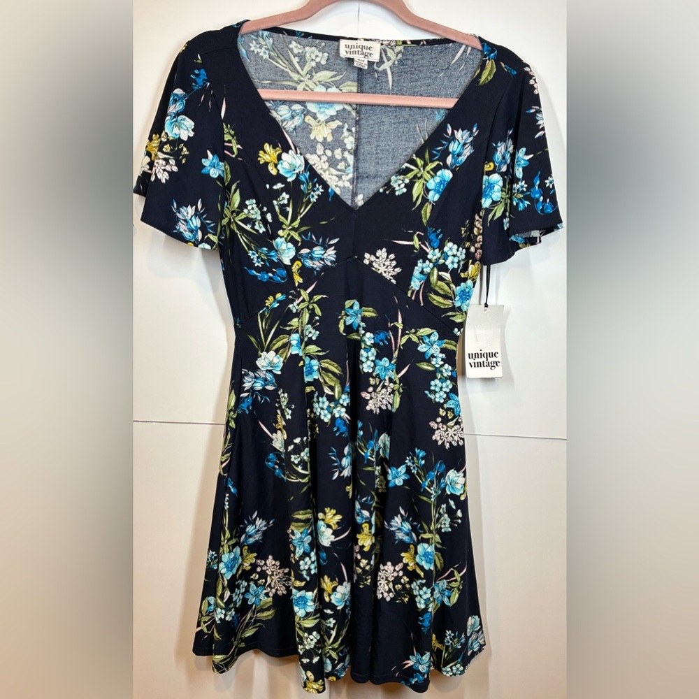 Unique Vintage Navy Floral Fit & Flare V-neck Flutter Sleeve Dress Small NWT